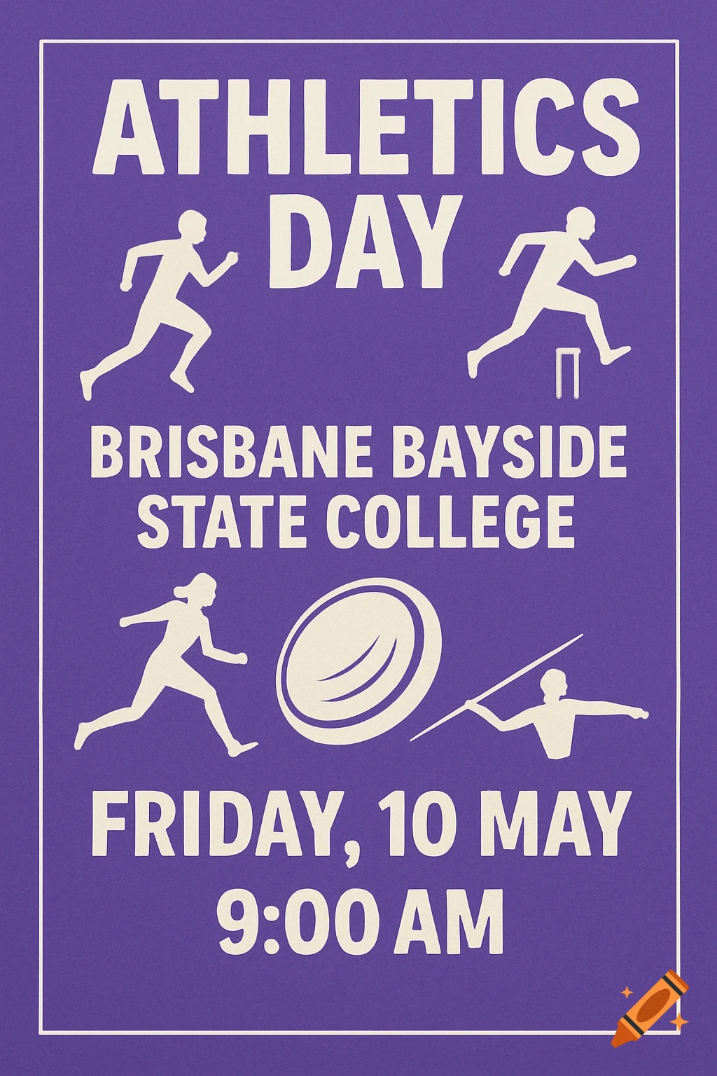 Purple poster with white text and silhouettes of athletes for Athletics Day at Brisbane Bayside State College.