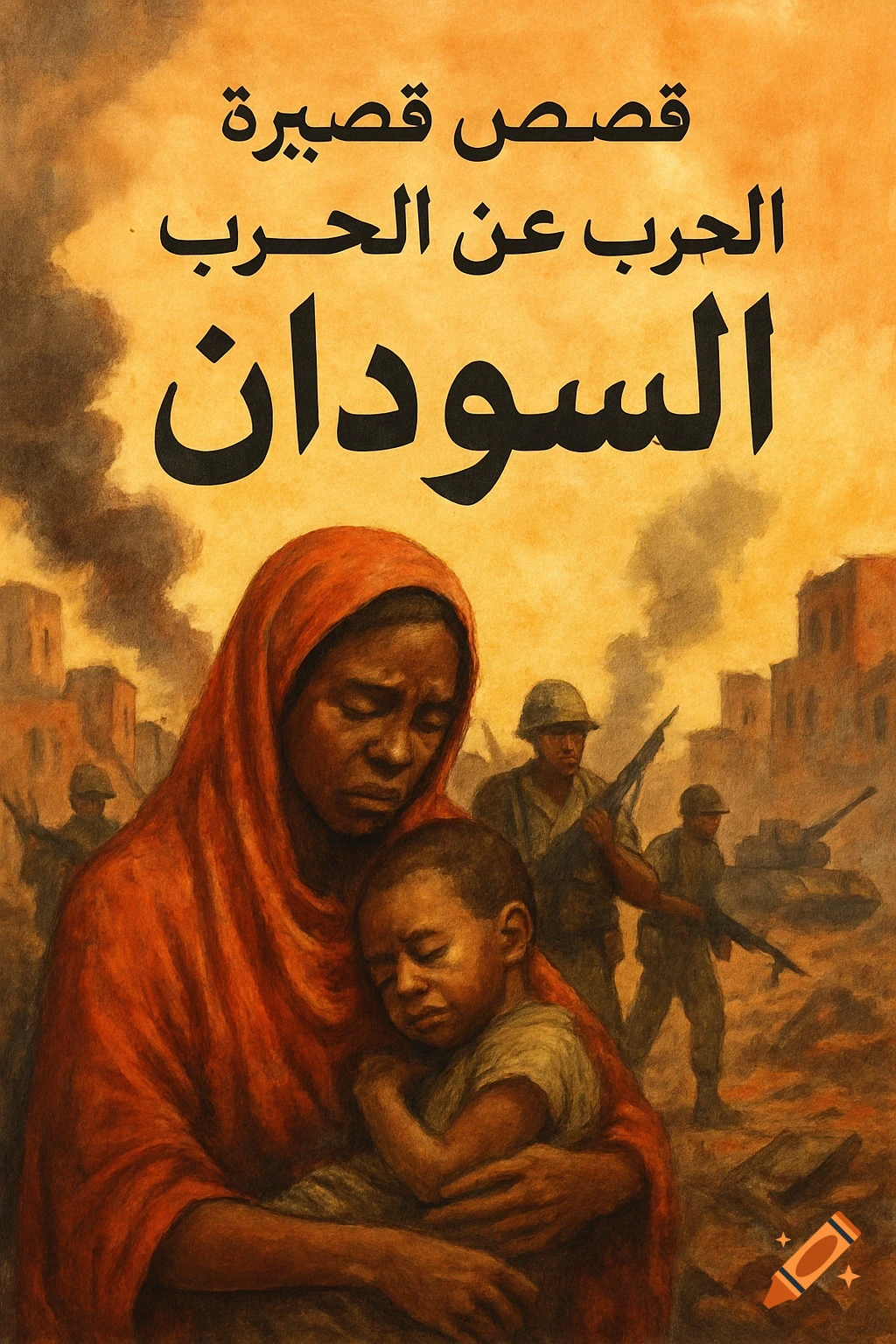 Painting of a mother holding a crying child during wartime with soldiers and buildings in the background. Text title at top.