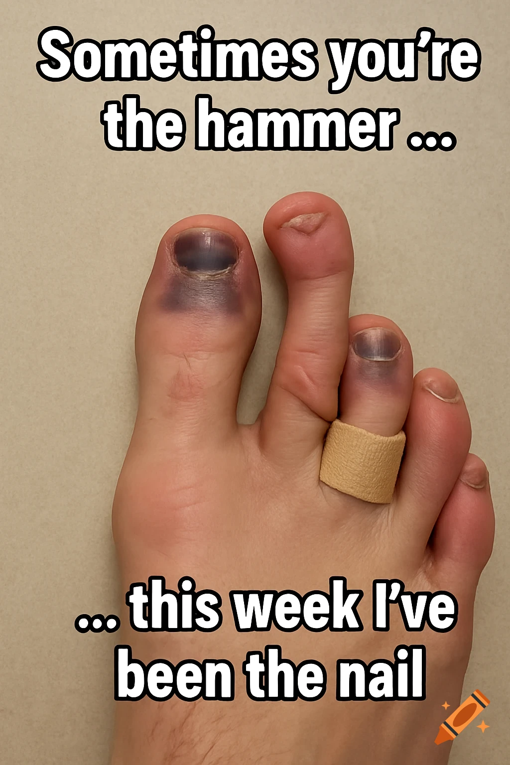 Close-up of a foot with bruised toenails and a bandaged toe with overlaid text.