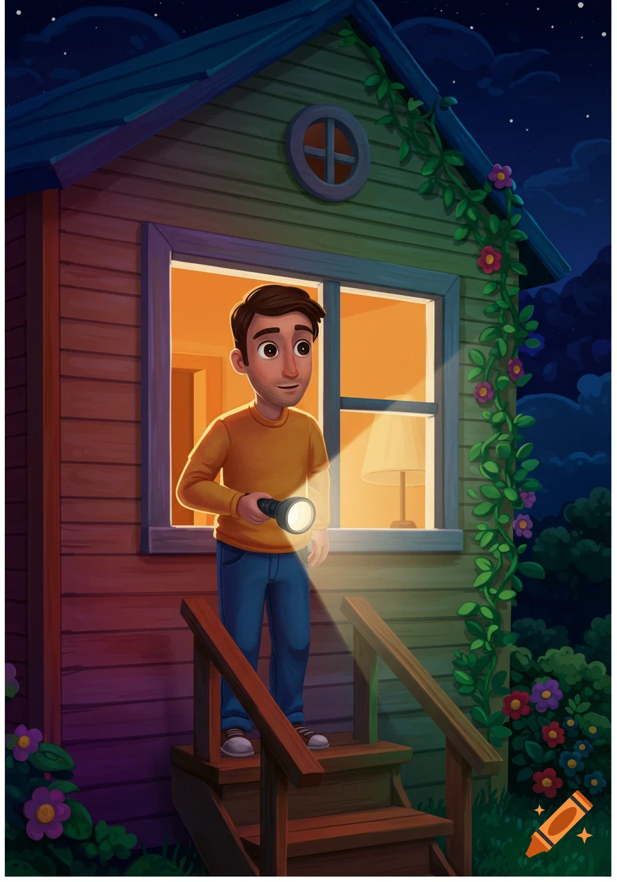 An illustration of a man standing on steps outside a house at night, holding a flashlight.