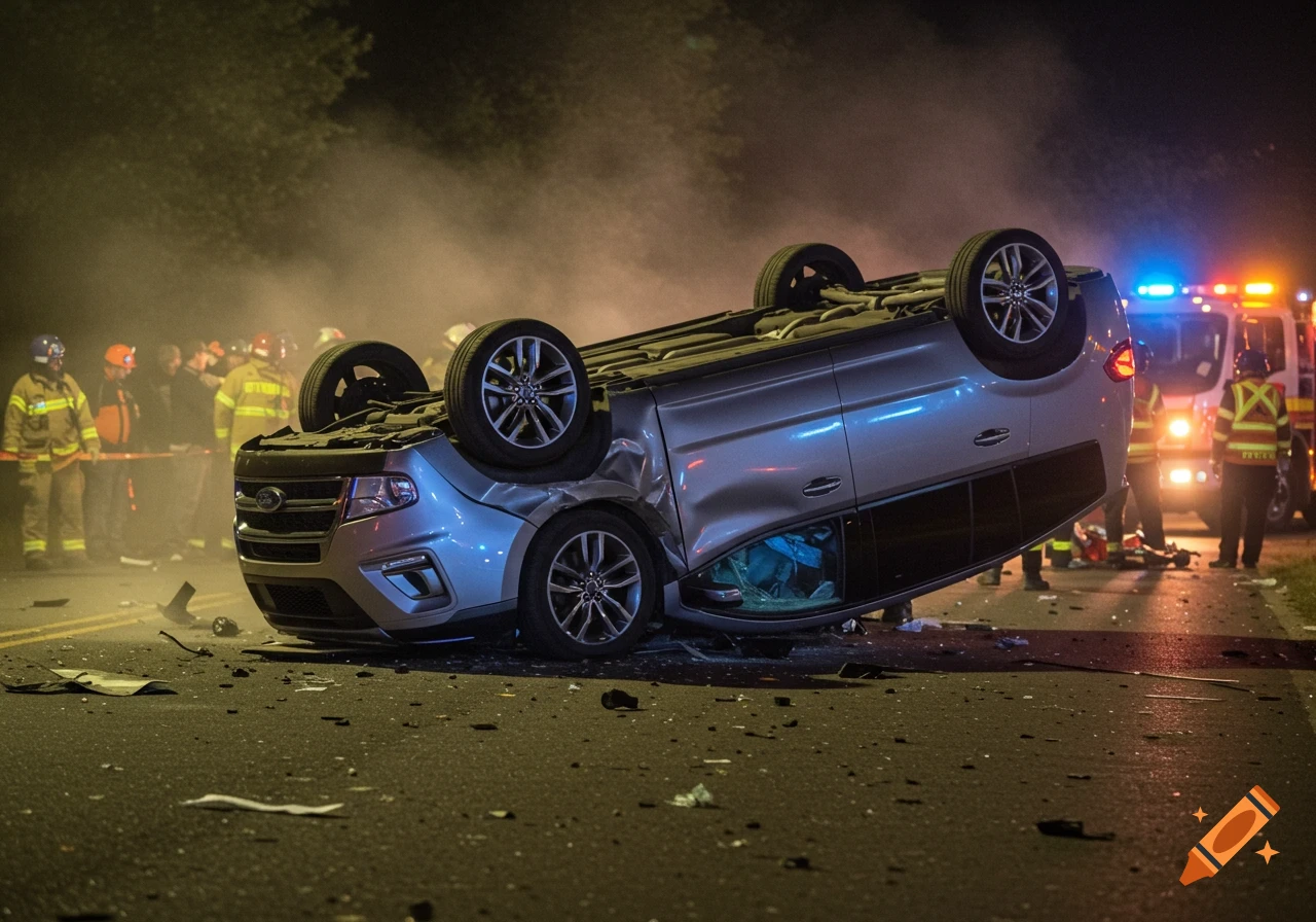 A silver car is flipped upside down on a road at night with emergency responders standing around.