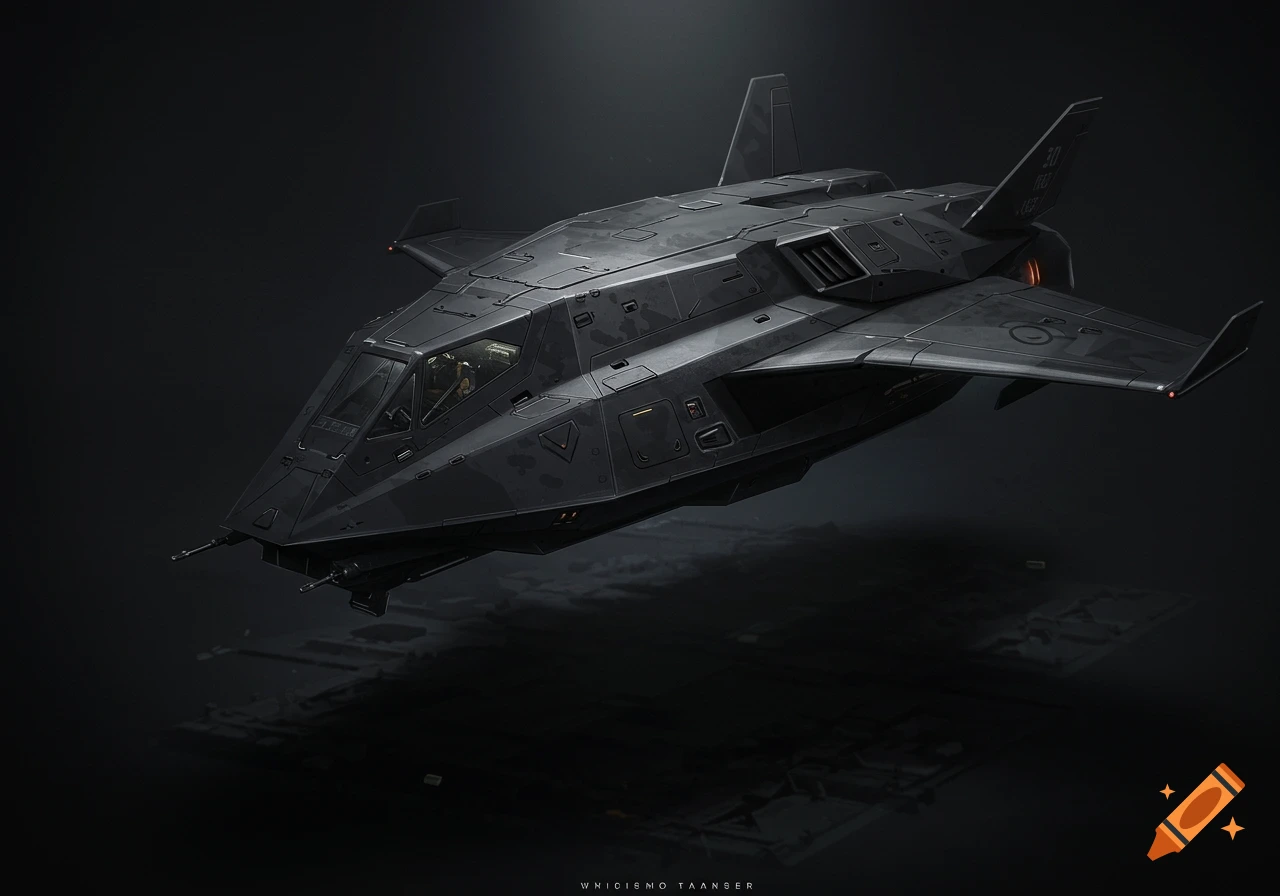 A detailed render of a dark stealth VTOL jet.