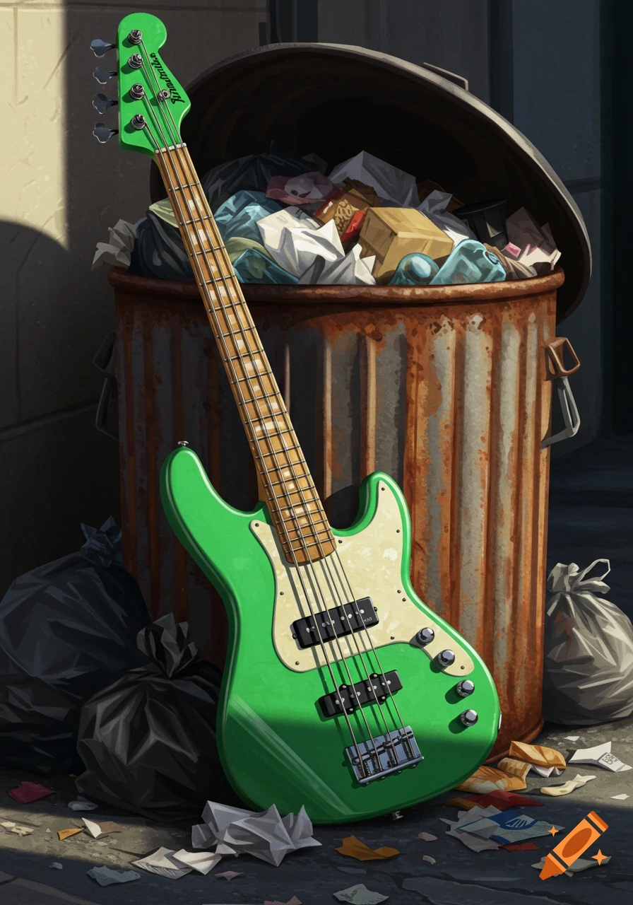 A bright green bass guitar leans against a rusty, overflowing trash can in an alleyway.