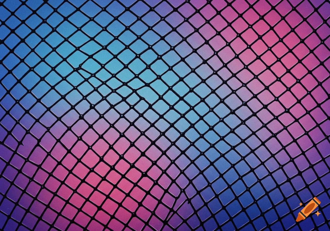Close-up of a black diamond mesh pattern against a colorful gradient background.
