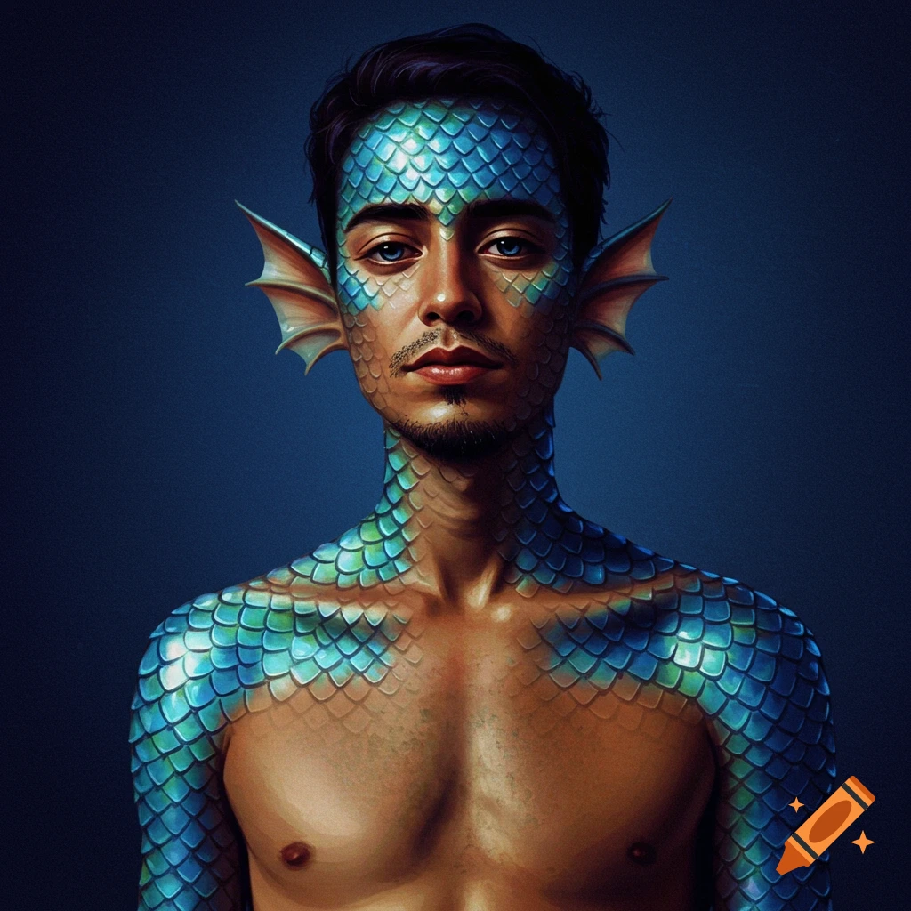 A portrait of a man with blue and green scales covering his face, neck, shoulders, and arm, with fin-like ears.