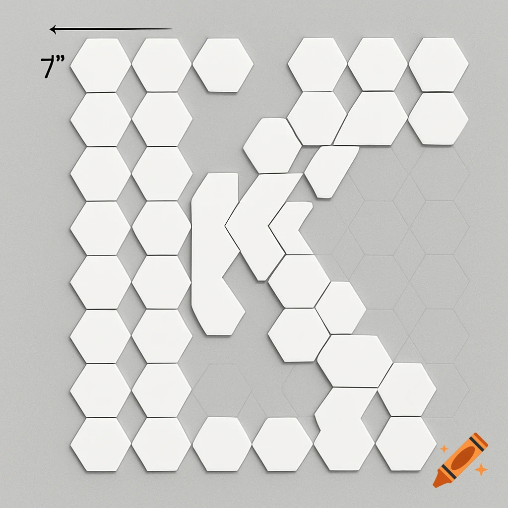 Arrangement of white hexagons forming the letter K on a gray background, with a measurement indicating 7 inches