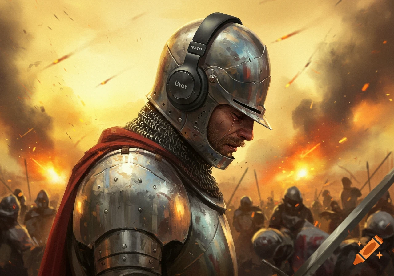 A knight in armor and headphones looks down sadly during a fantasy battle with fire and smoke.