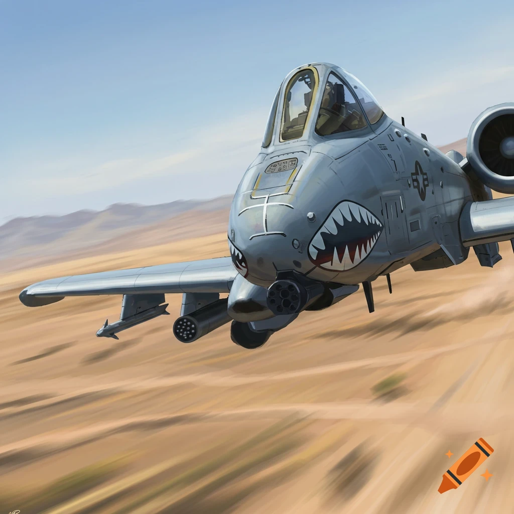 An A10 Warthog aircraft flies low over a desert landscape.