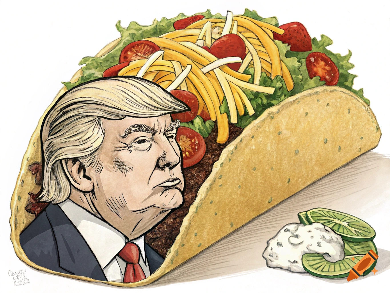A watercolor caricature illustration depicts Donald Trump's head emerging from a taco filled with lettuce, tomatoes, and cheese, with a side of sour cream and lime.
