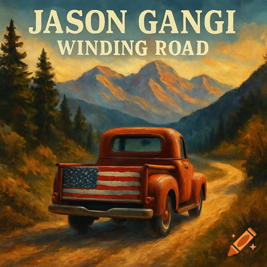 Painted landscape with an orange pickup truck and US flag on tailgate on a winding mountain road. Text: JASON GANGI WINDING ROAD