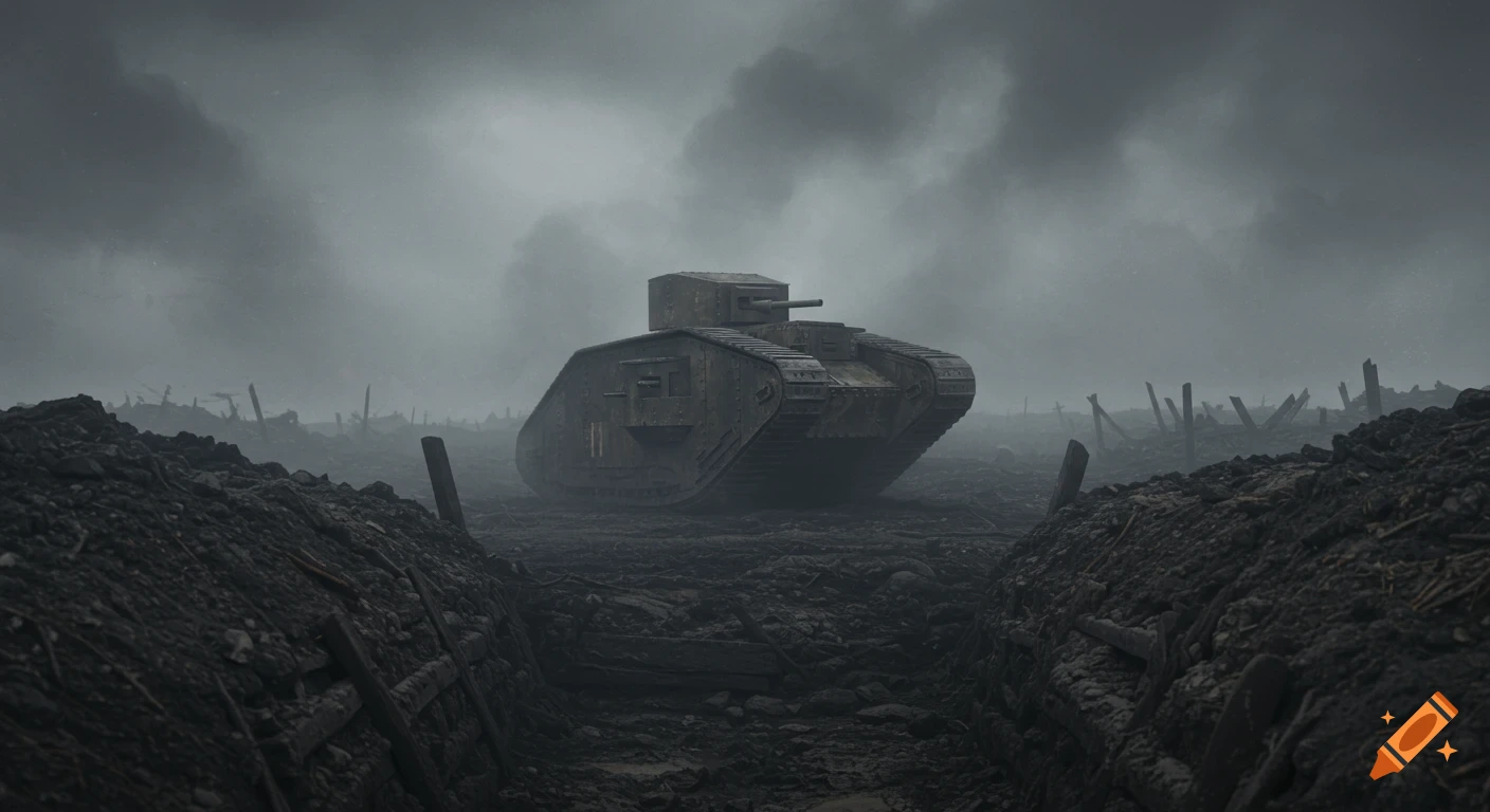 WWI tank in a foggy battlefield trench, cinematic style