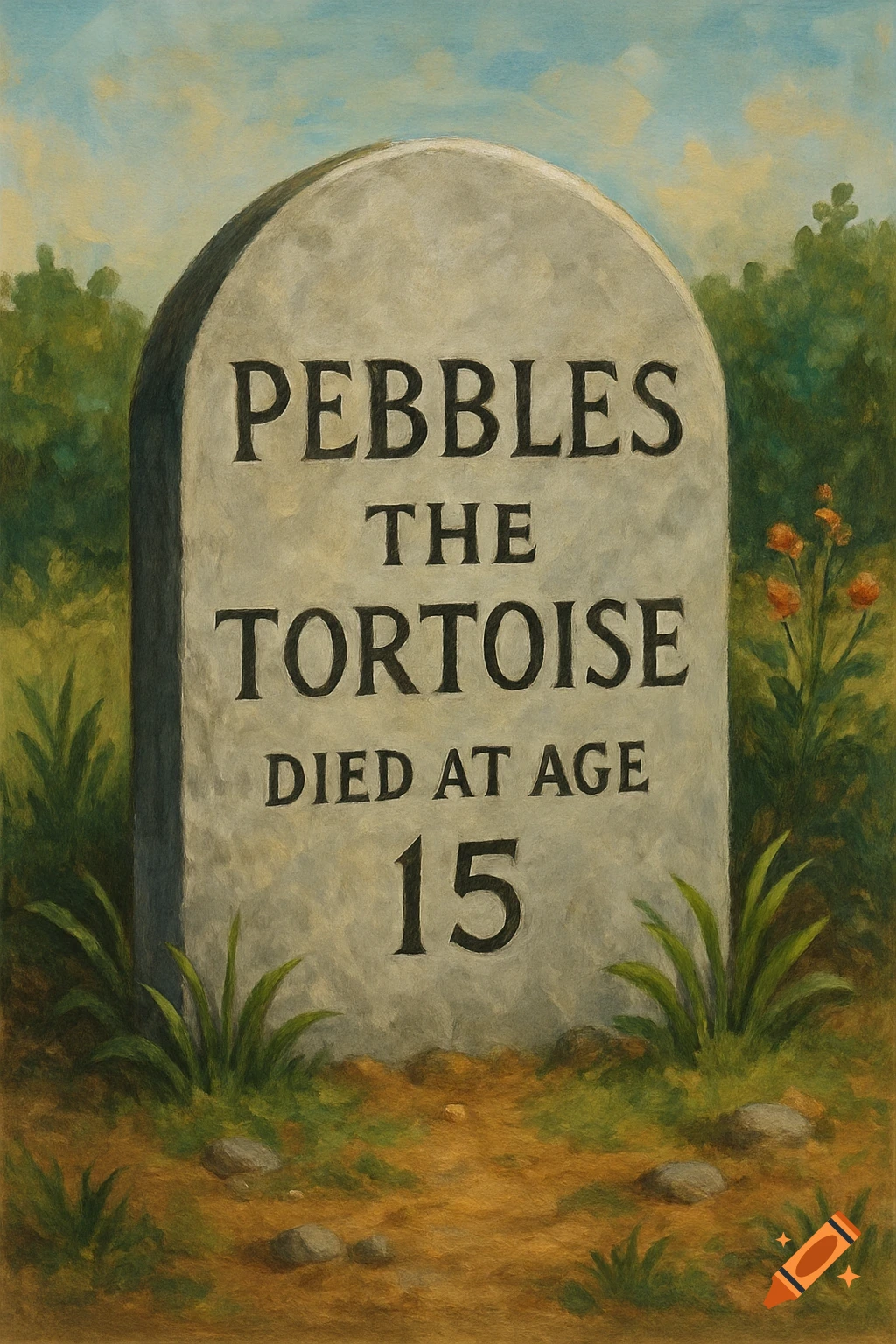 A painting of a gravestone inscribed with "PEBBLES THE TORTOISE DIED AT AGE 15", set in a grassy area.
