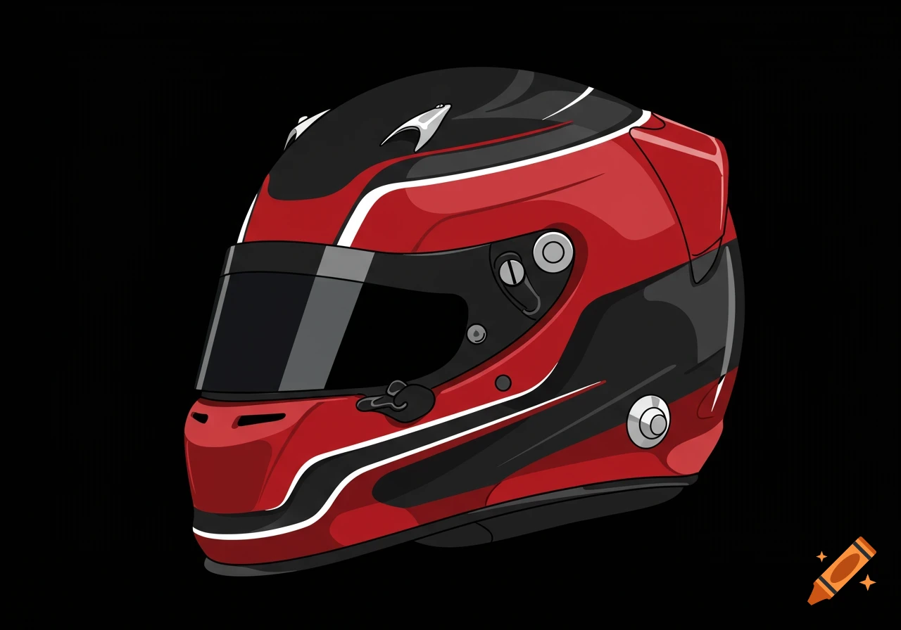 A red and black racing helmet illustration on a black background.