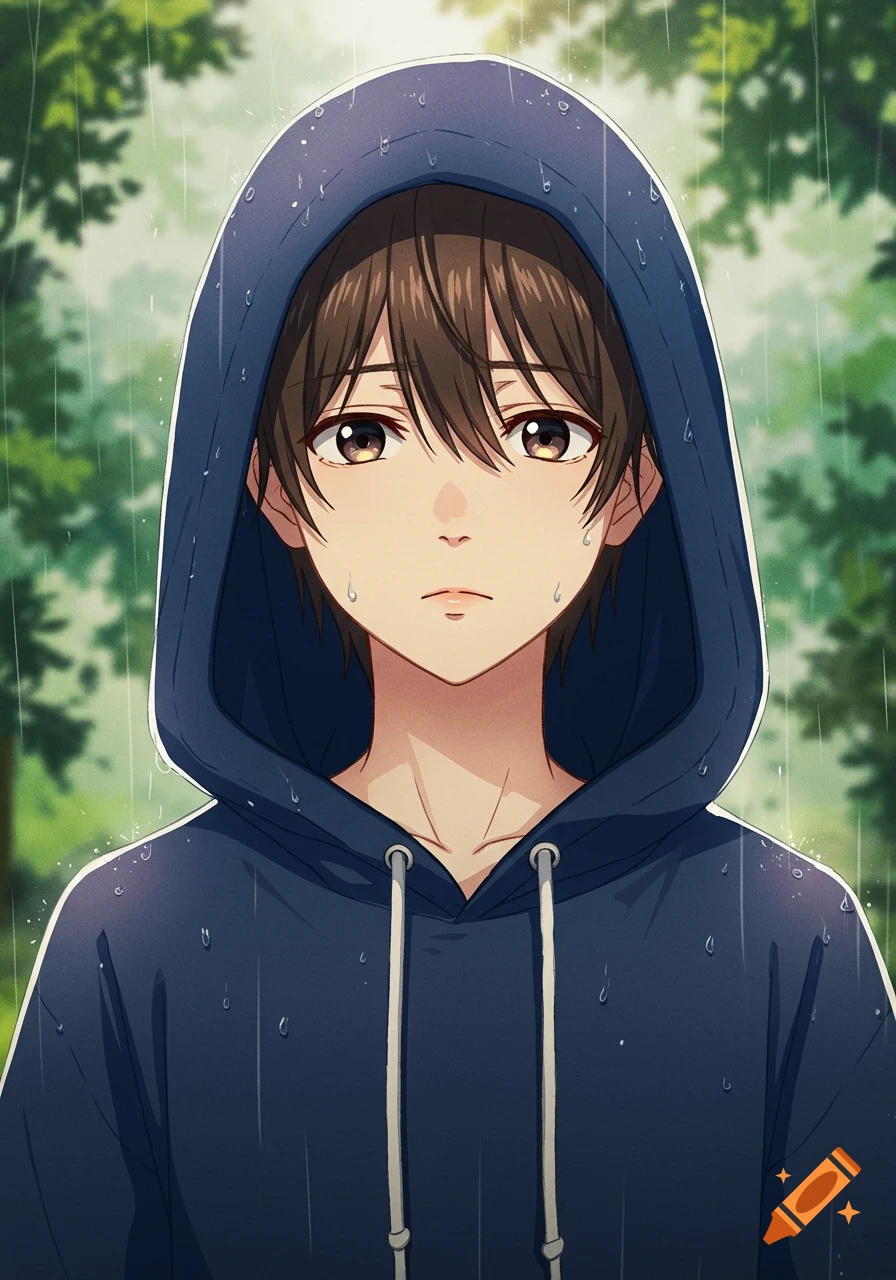 Anime portrait of a boy in a blue hoodie in the rain.