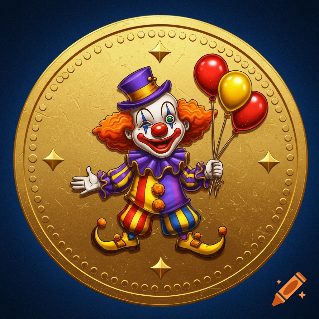 Cartoon illustration of a clown holding balloons on a gold coin.