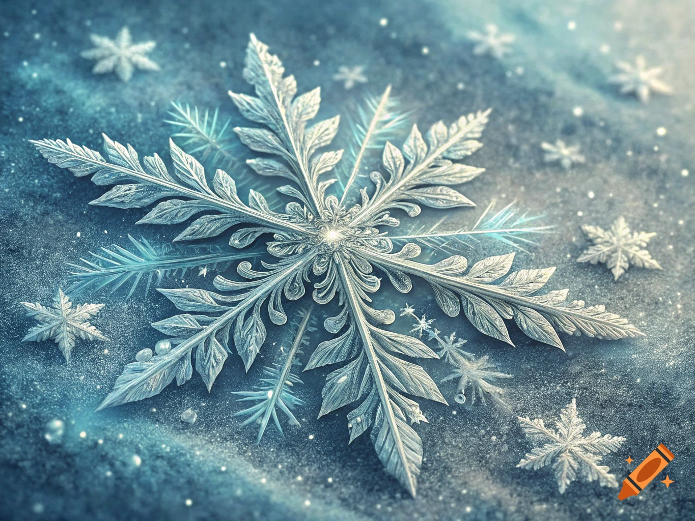 Close-up of a large detailed snowflake on an icy surface with smaller snowflakes around it.