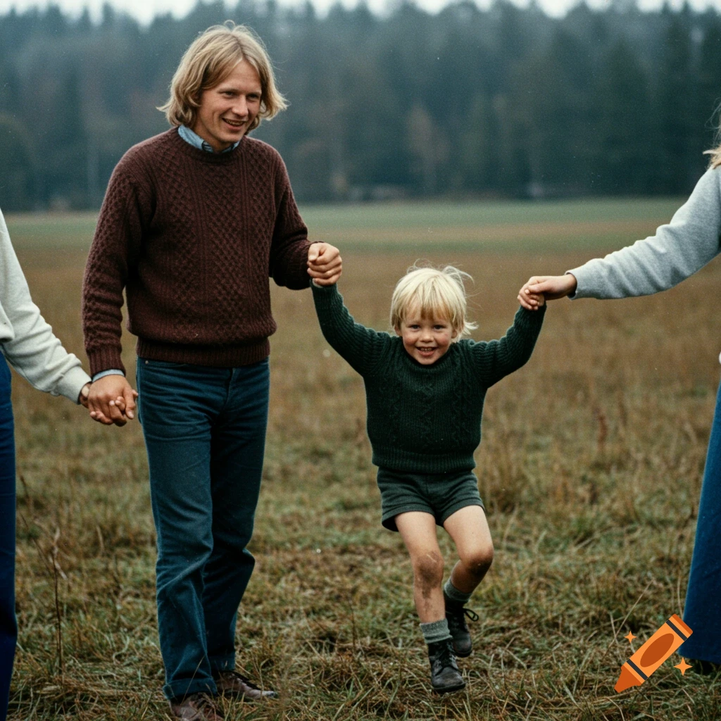 Vintage photo of a family holding hands in a field, lifting up their son.