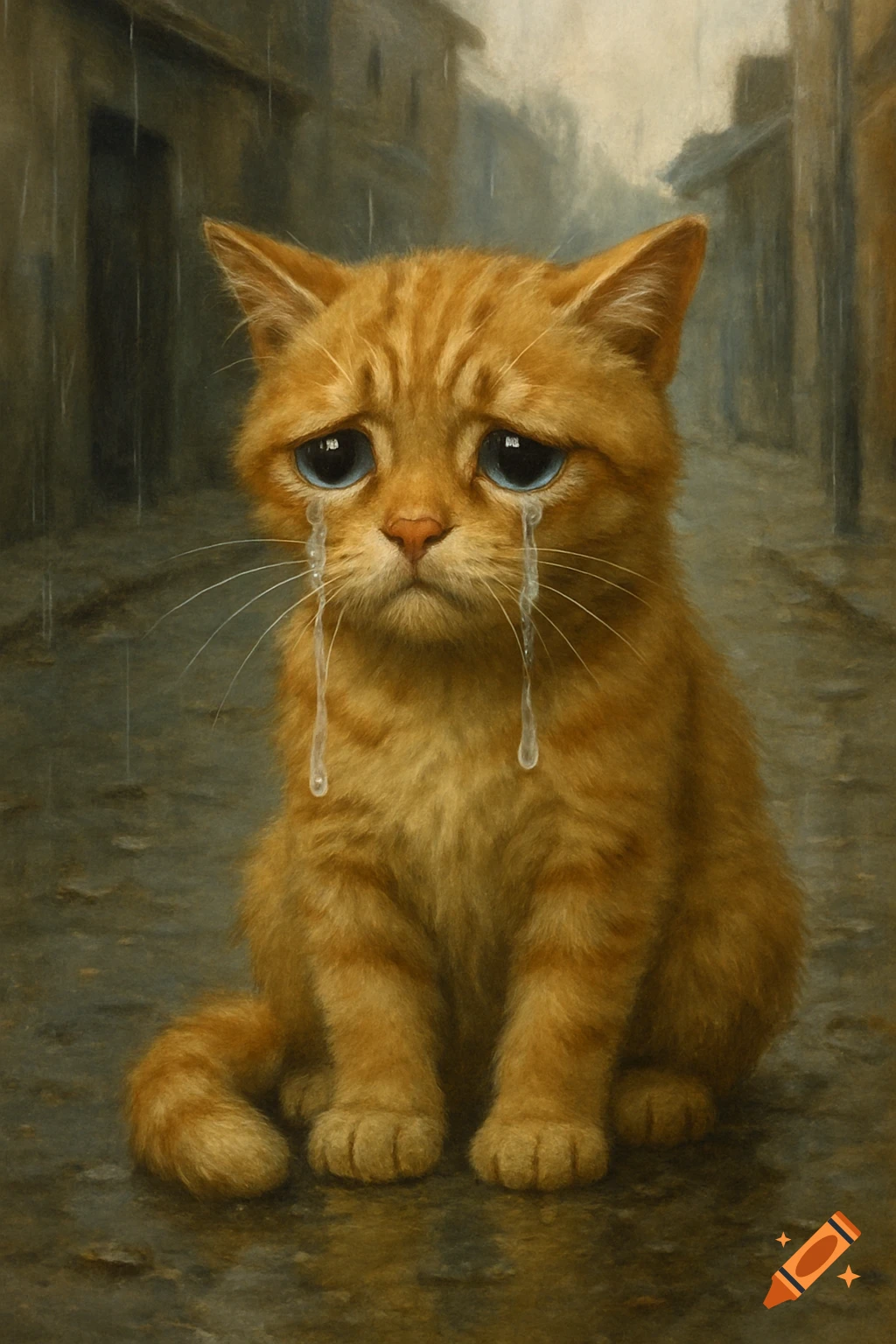 A sad ginger cat with big blue eyes cries in the rain on a cobblestone street in a painted style.