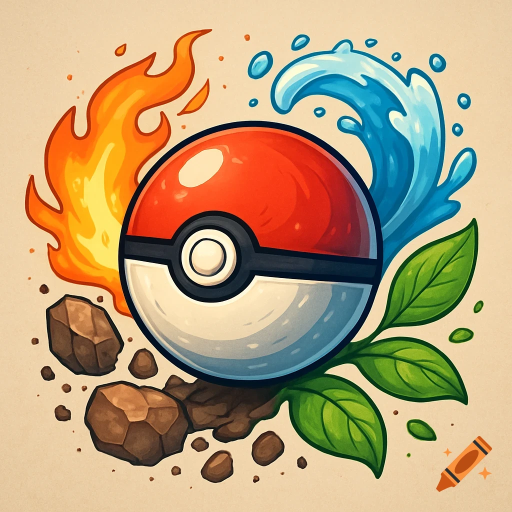 Cartoon illustration of a Pokeball surrounded by fire, water, rocks, and leaves.