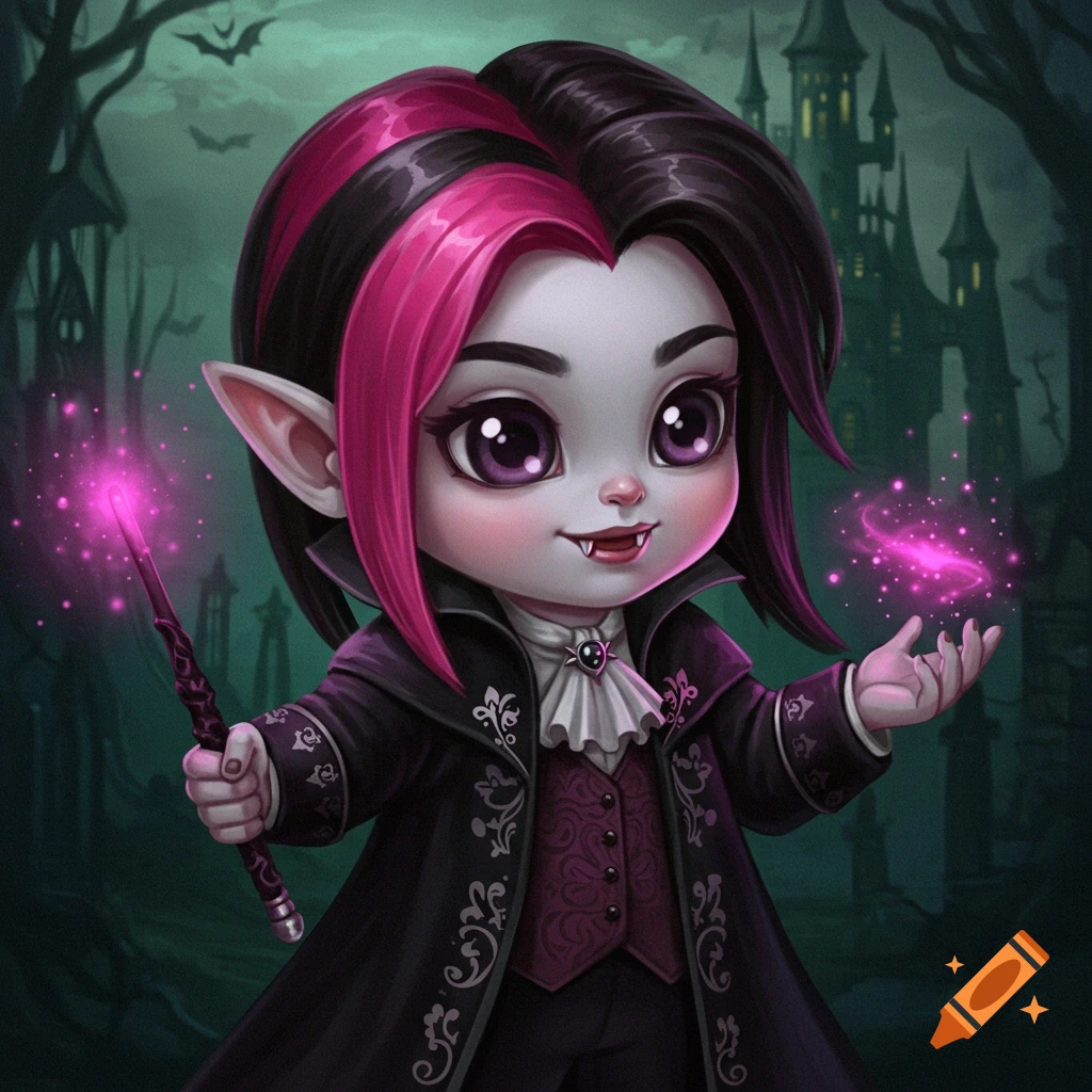 Cute chibi vampire with pink and black hair holding a glowing magic wand in front of a castle.