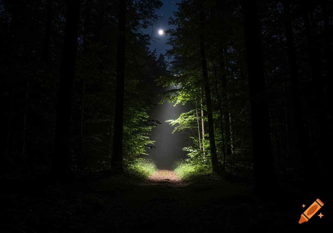 A dark forest path illuminated by a bright light beam under a moonlit sky