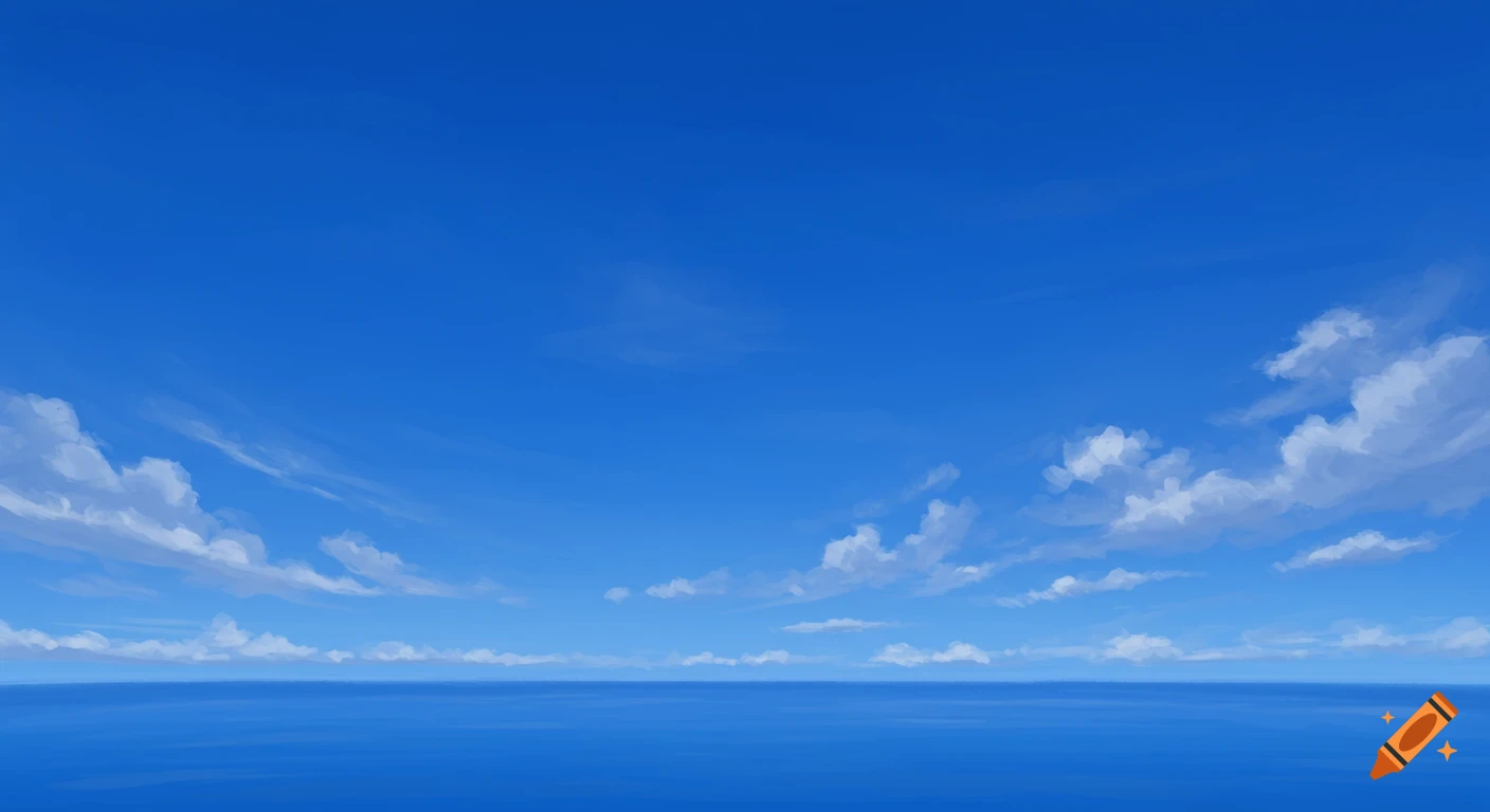 A blue sky filled with clouds over a calm blue ocean.