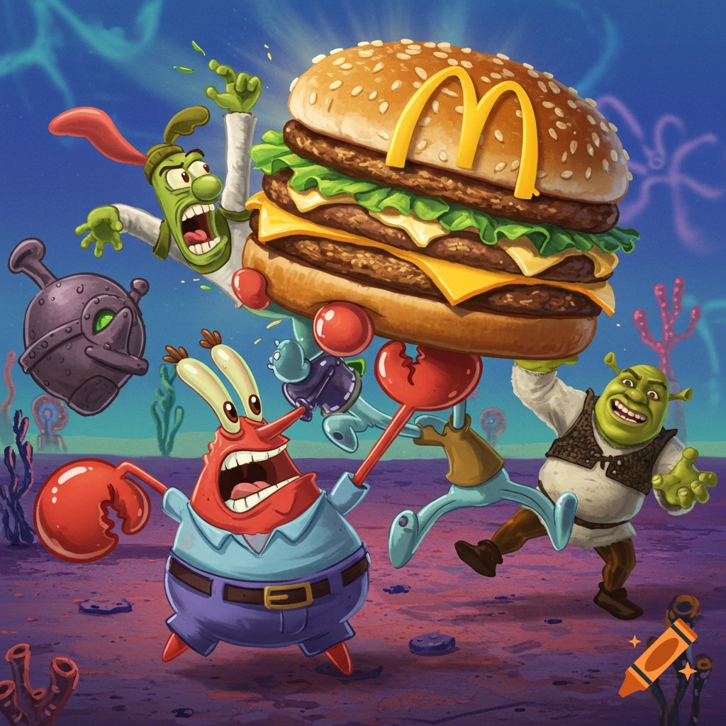 Mr. Krabs, Squidward, Shrek, and robot Plankton struggle with a giant McDonald's Big Mac burger in a cartoon style.