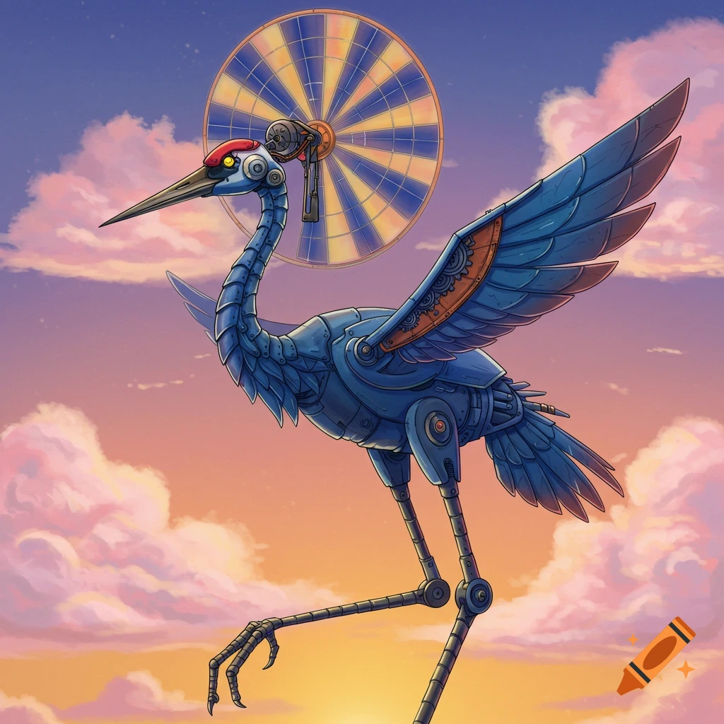 Illustration of a blue robotic crane bird with a propeller on its head flying in a sunset sky.