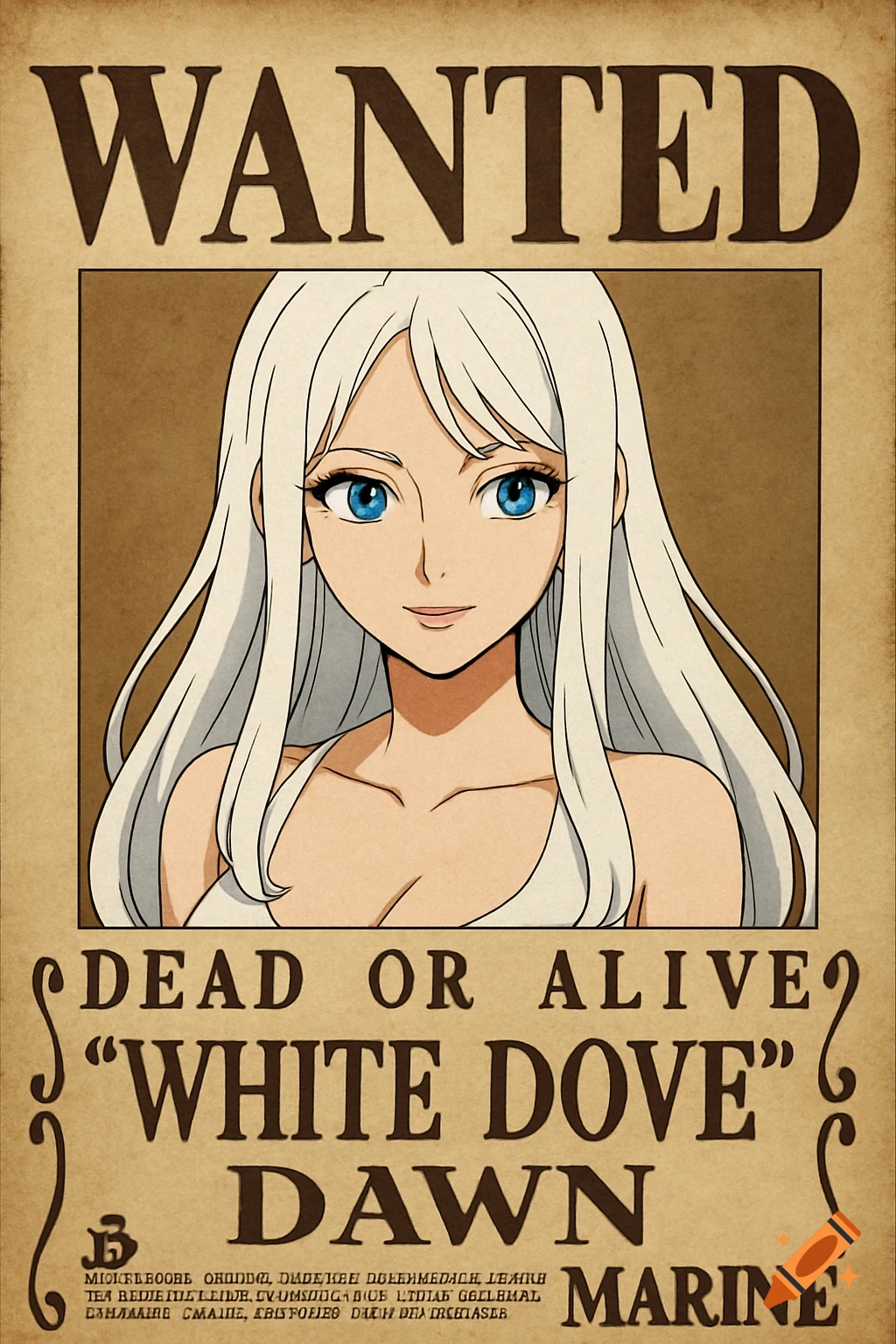 Anime style wanted poster of a woman with white hair and blue eyes.