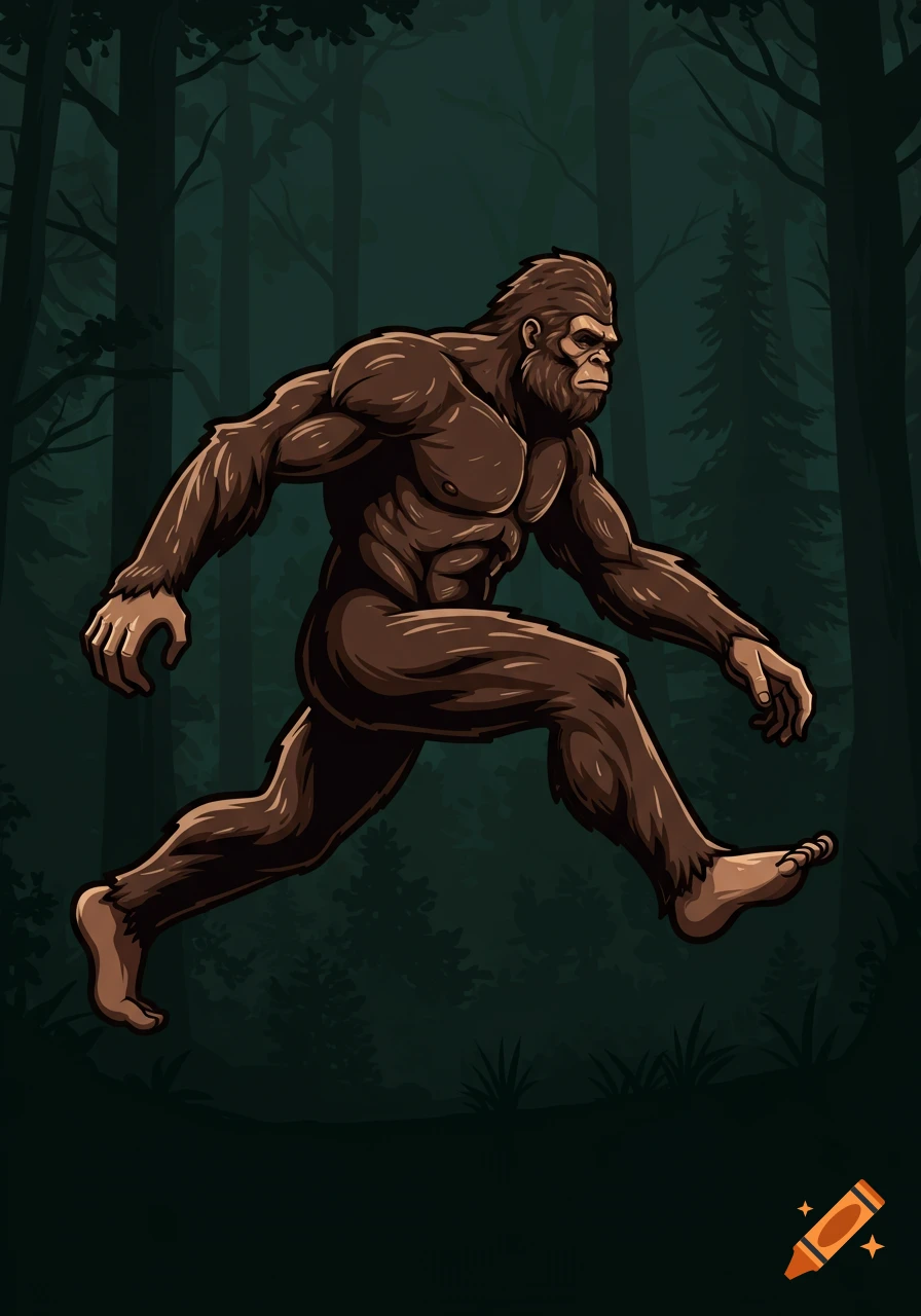 Illustration of a Bigfoot jumping through a dark forest.