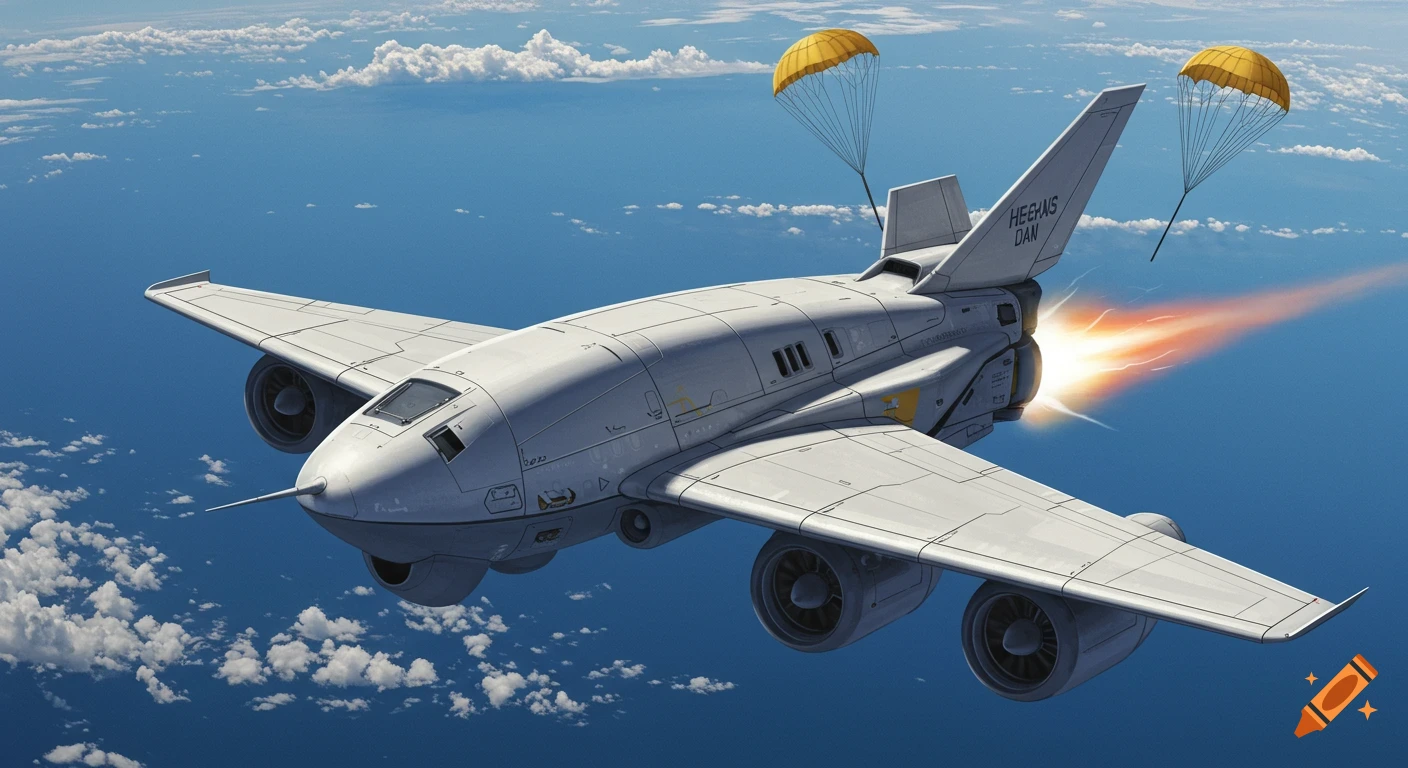 A futuristic white aircraft flies high above clouds with two orange parachutes deployed from the rear.