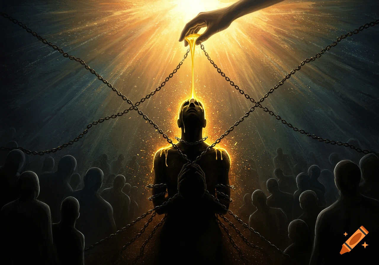 A chained figure receives a stream of golden light from a hand above, while silhouetted figures watch from below.