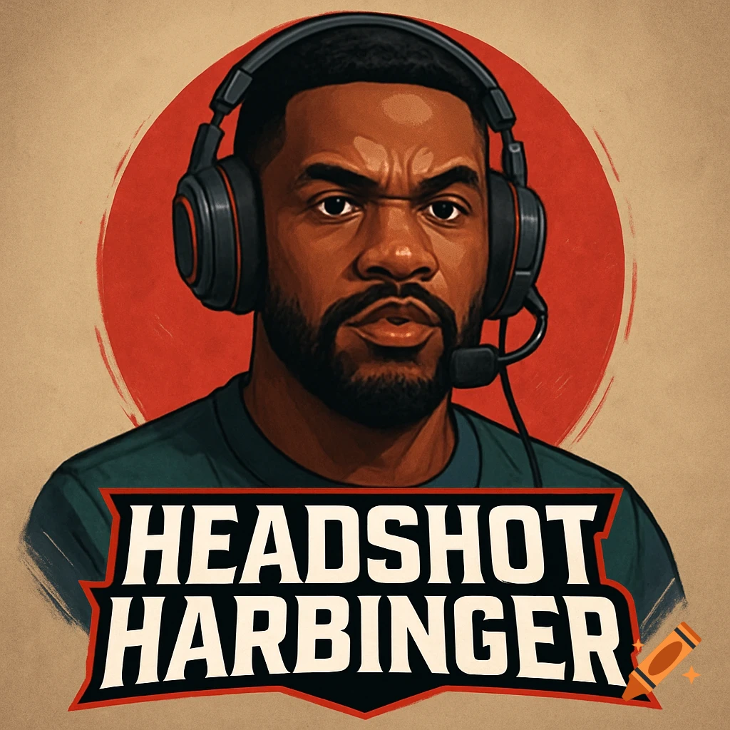 Illustration of a Black man with a headset, labeled 'Headshot Harbinger', for a gaming avatar.