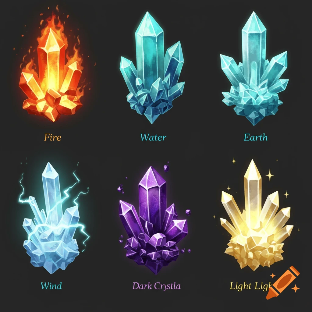 Six clusters of stylized elemental crystals representing fire, water, earth, wind, dark, and light on a dark background.
