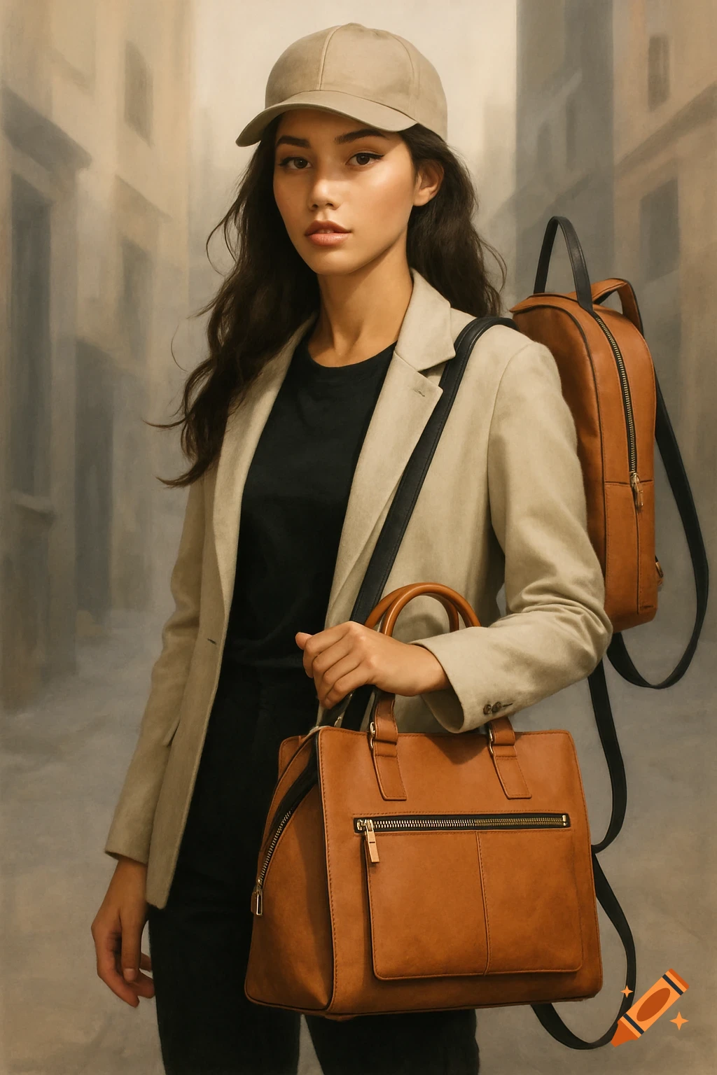 Woman in cap and blazer holding a brown tote bag and backpack on a city street. Photorealistic style.