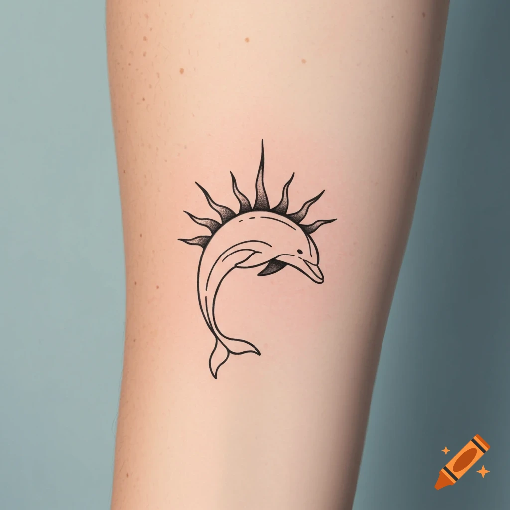 Minimalist black line tattoo of a dolphin and sun on an arm