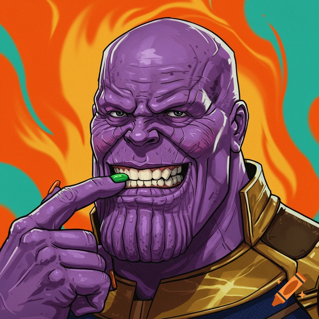 Cartoon illustration of Thanos smiling and biting his finger with a green fingernail.