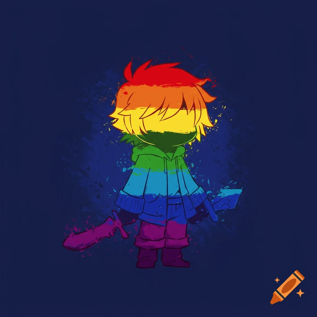 Stylized rainbow silhouette of a character holding two swords on a dark blue background.