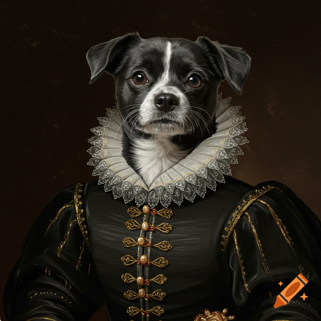Portrait of a dog wearing a renaissance ruff collar and ornate dress
