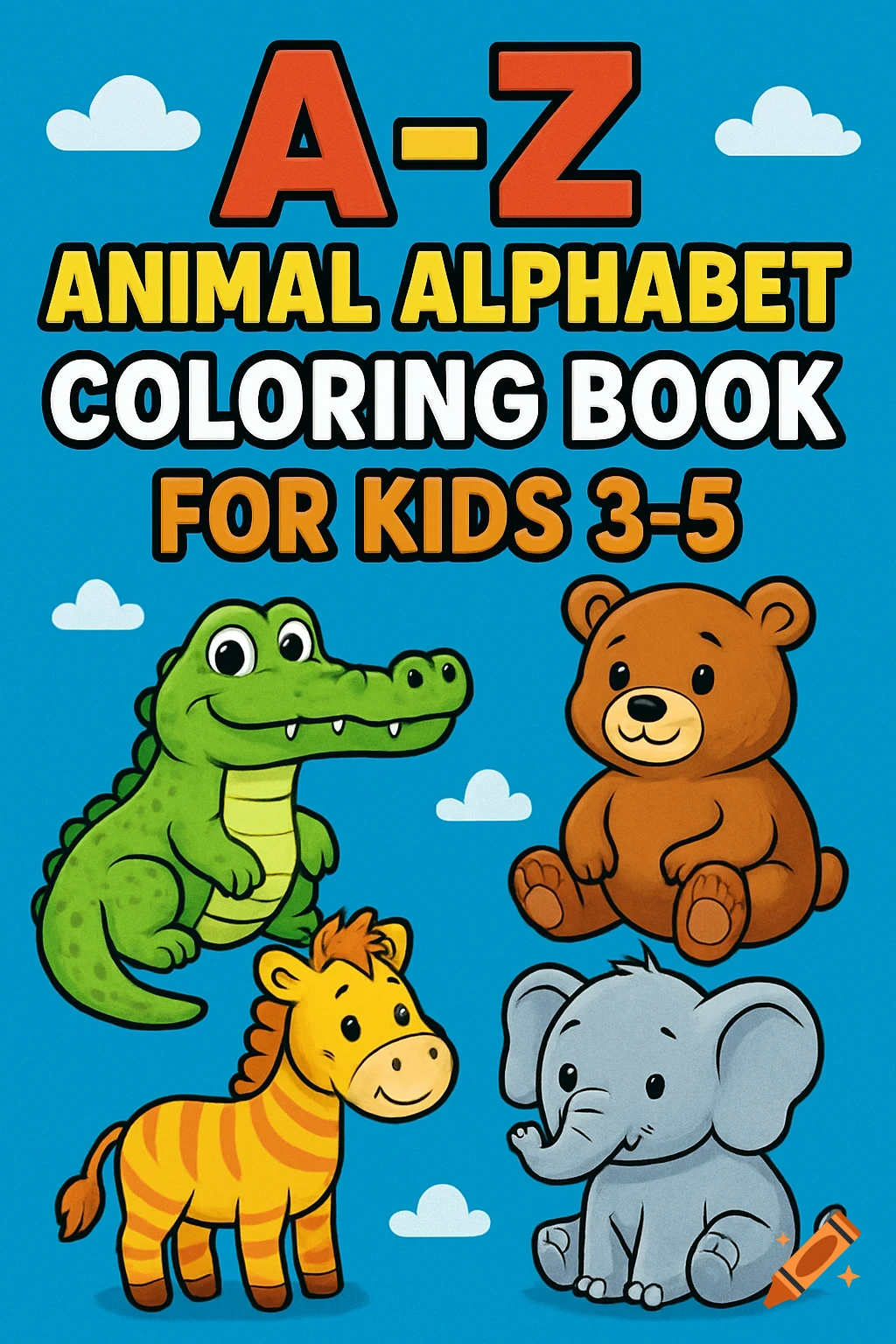 A colorful coloring book cover for kids featuring a cartoon crocodile, bear, zebra, and elephant.