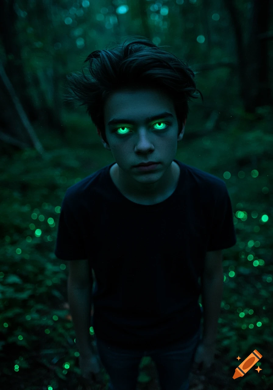 Teenage boy with glowing green eyes in a dark forest.
