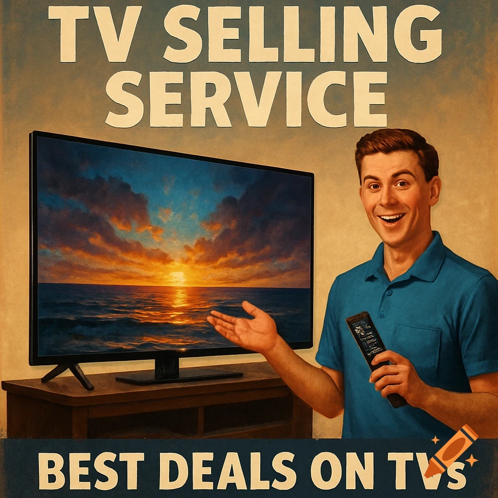 A man in a blue shirt points to a TV displaying a sunset. Text reads "TV Selling Service" and "Best Deals on TVs" in a vintage poster style.