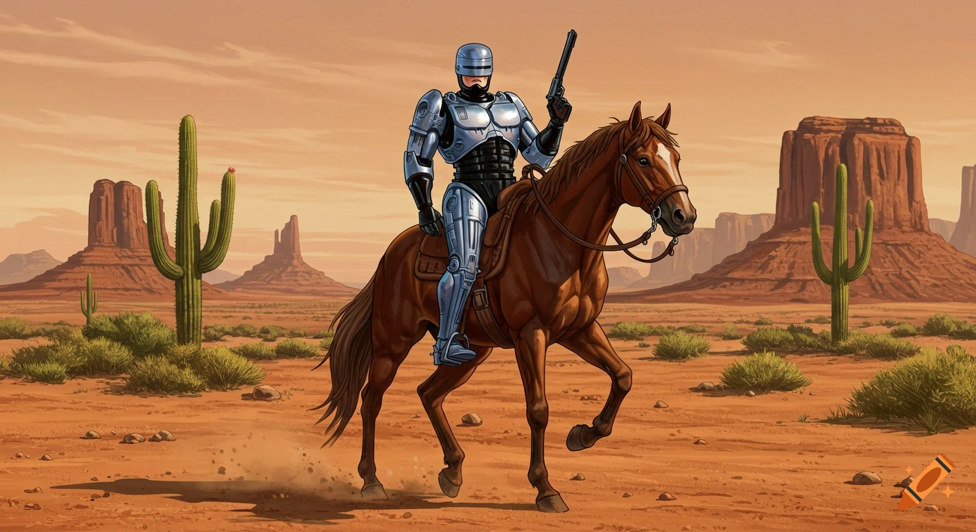 Robocop riding a horse in a western desert landscape