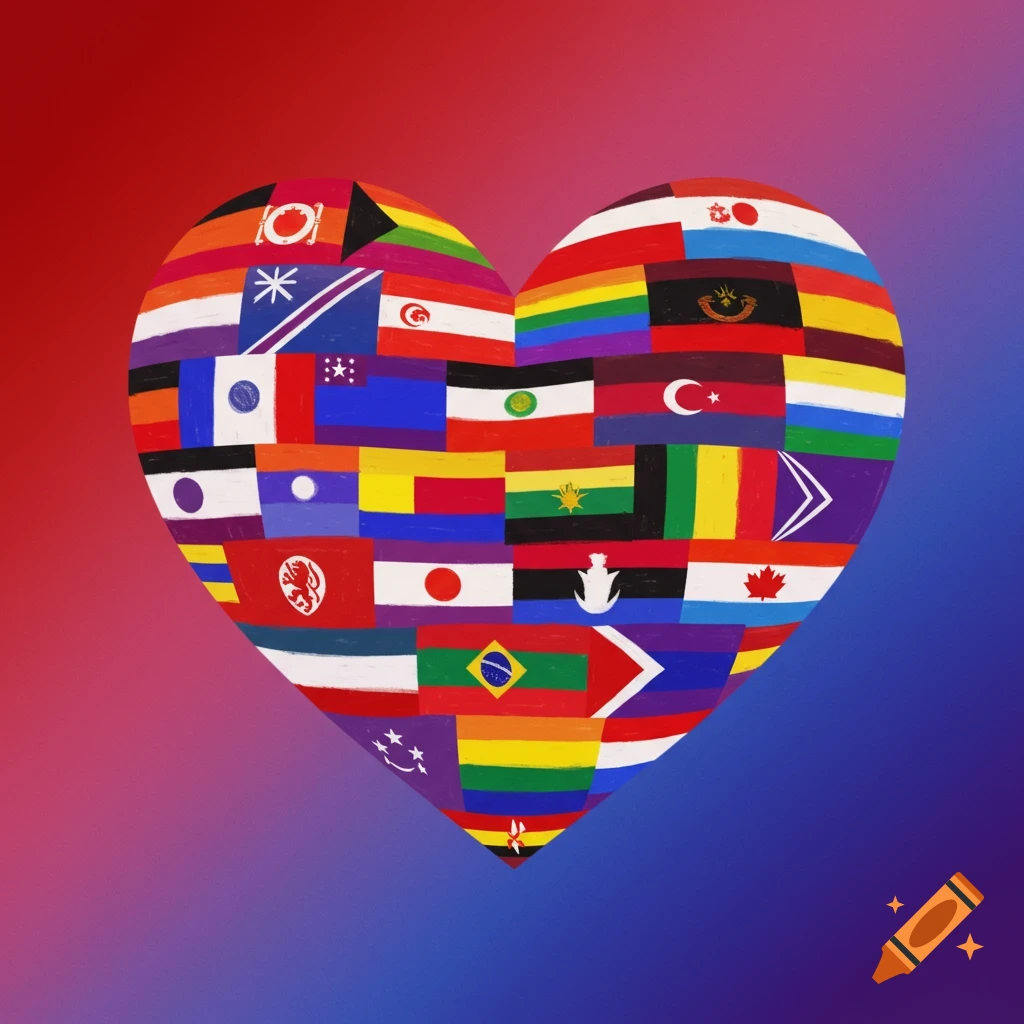 A heart shape filled with many colorful flags against a red and blue background.