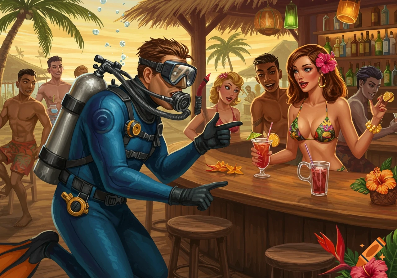 Illustration of a scuba diver talking to a woman in a bikini at a tropical tiki bar.