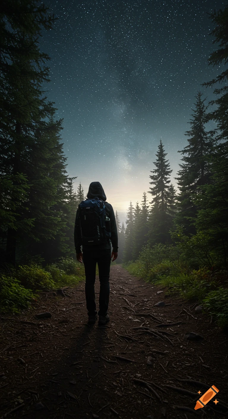 A person with a backpack stands on a forest path looking up at a starry night sky.