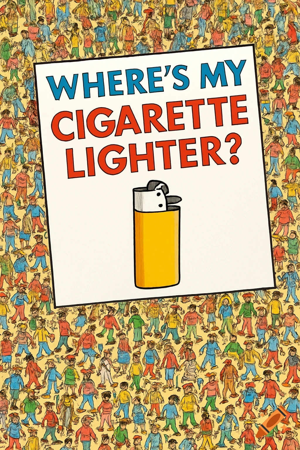 A Where's Wally style illustration of a crowd with a sign asking "WHERE'S MY CIGARETTE LIGHTER?" and a drawing of a lighter.