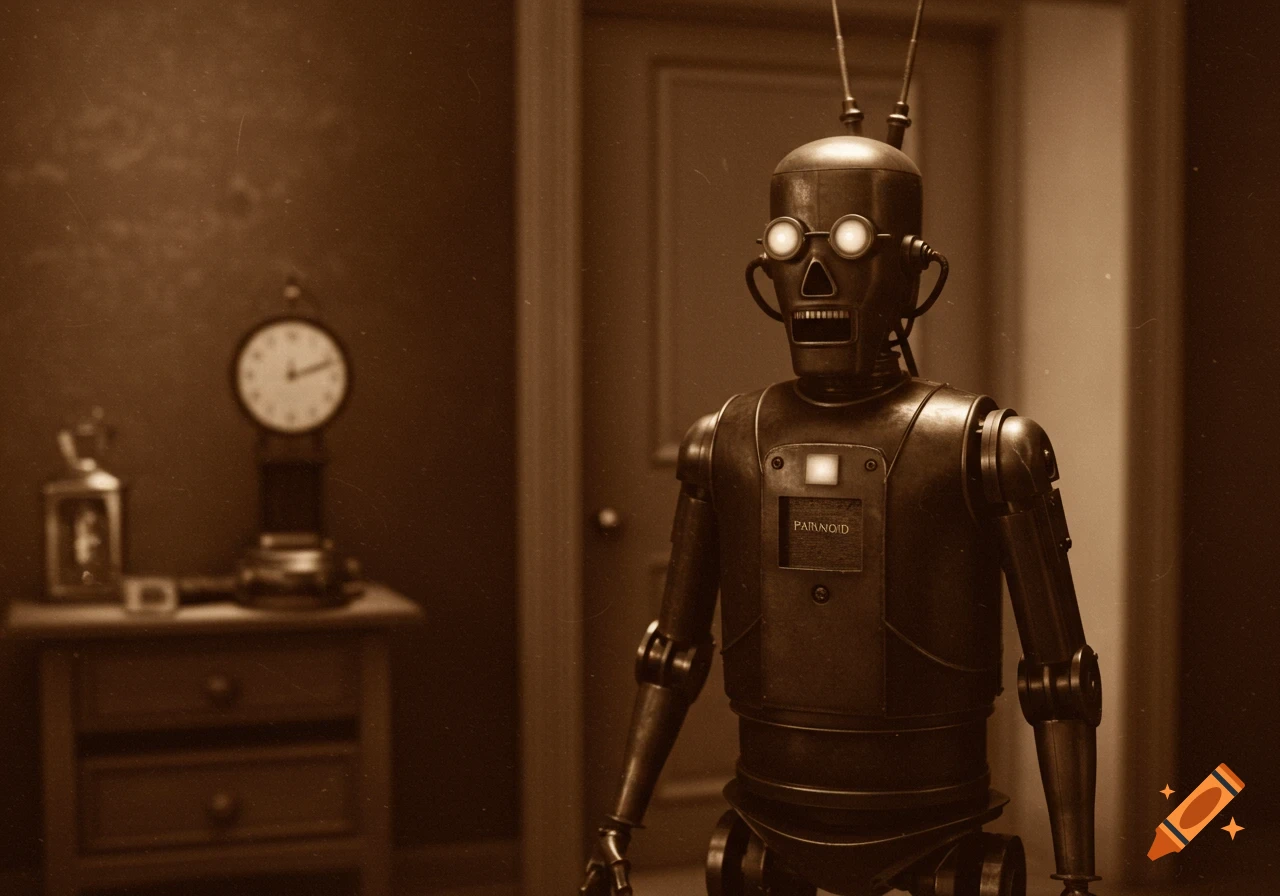 Vintage sepia photo of a robot in a room with a clock.