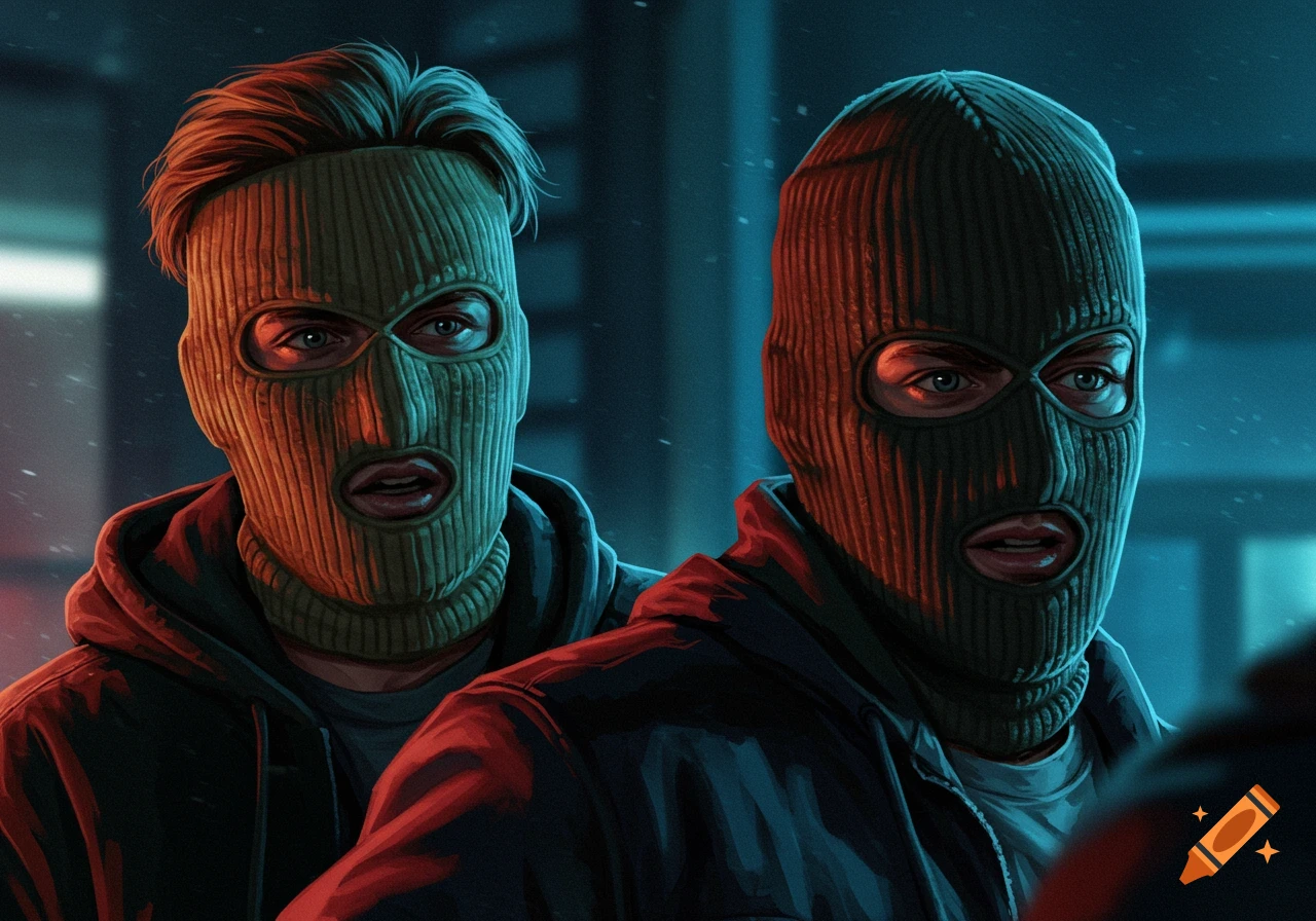 Digital illustration of two people wearing ski masks in a dark environment.