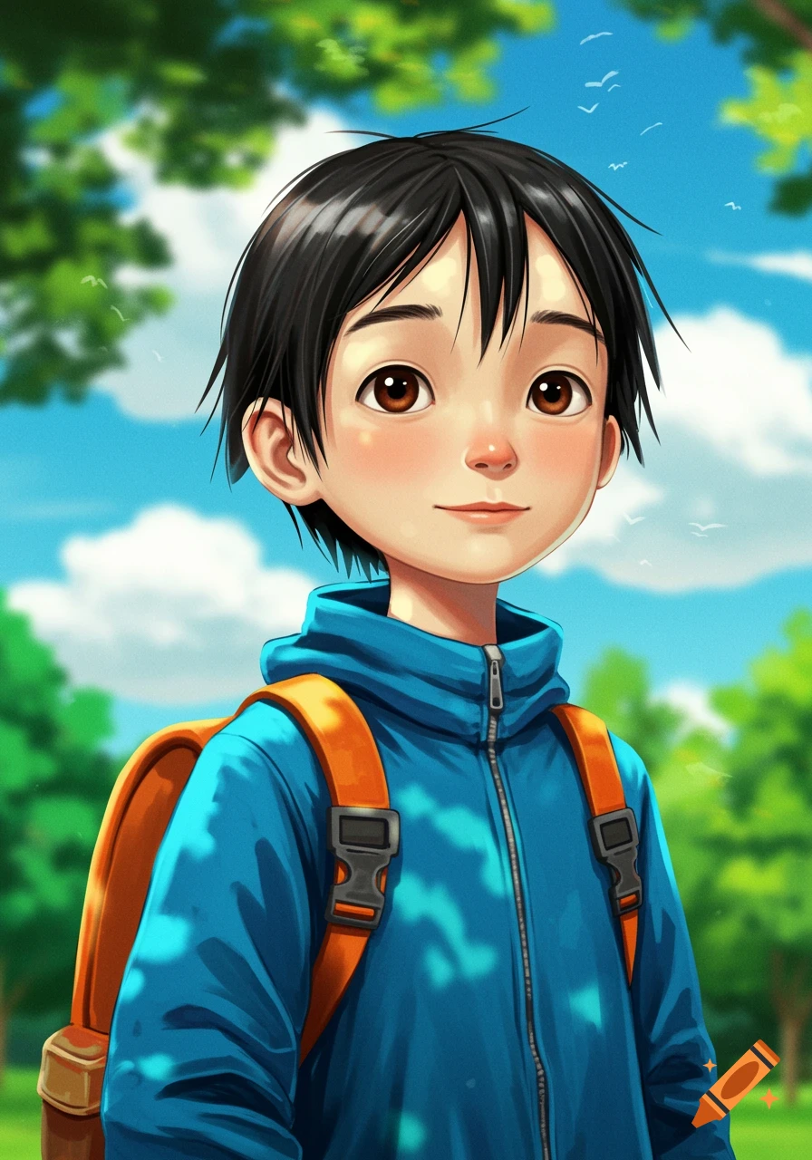 Anime style portrait of a boy with a blue jacket and orange backpack outdoors.